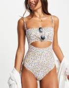 Accessorize Ruched Bandeau Swimsuit In Floral Ditsy Print-multi