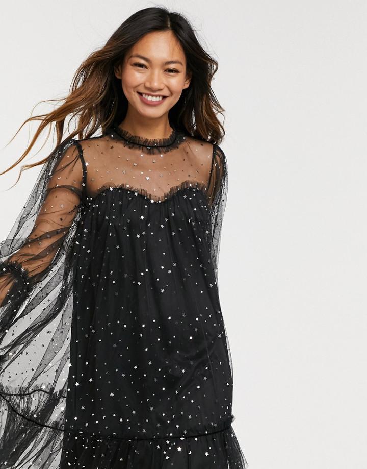 Forever U Organza Mini Dress In Black With Flounce Hem In Flecked Glitter