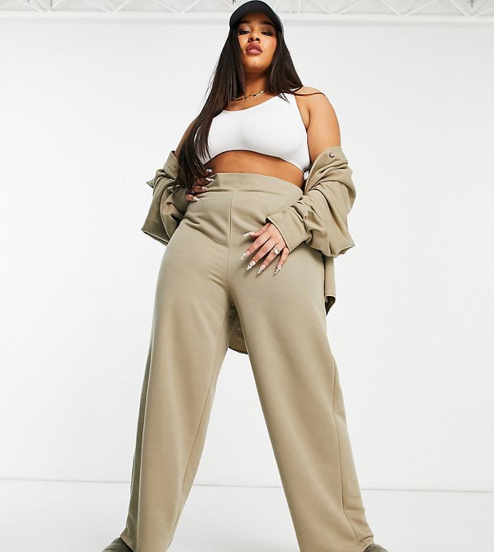 Asos Design Curve Jersey Suit Wide Dad Track Pant In Moss-green