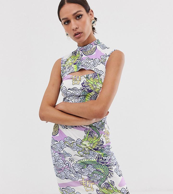 Vintage Supply Exclusive Mini Dress With Peekaboo Cut Out In Dragon Print-multi