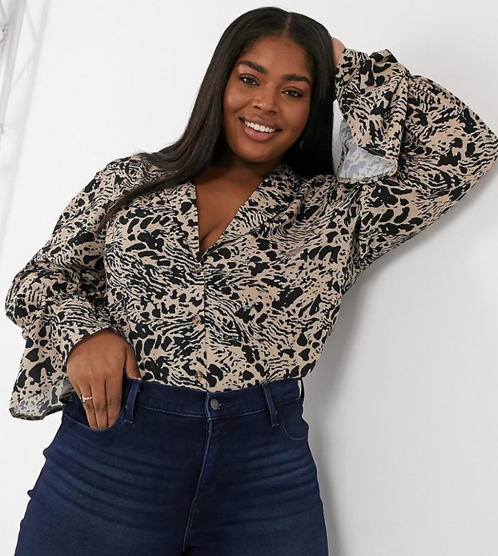 In The Style Plus X Shaughna Plunge Print Top With Fluted Sleeve In Animal Print-multi