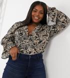 In The Style Plus X Shaughna Plunge Print Top With Fluted Sleeve In Animal Print-multi