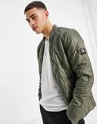 Jack & Jones Premium High Shine Quilted Bomber In Khaki-green