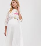 Asos Design Maternity Embroidered Pleated Midi Dress With Fluted Sleeve - White