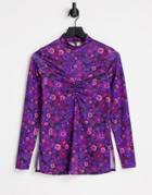 River Island Ruched Front Floral Top In Purple