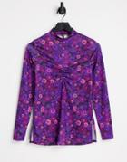 River Island Ruched Front Floral Top In Purple