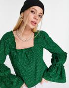 Topshop Check Tiered Sleeve Chuck On Top In Green