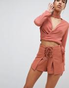 Parallel Lines Wrap Front Shorts With Corset Detail Two-piece-brown