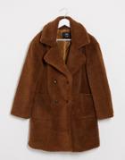 Qed London Double Breasted Borg Coat In Tan-brown
