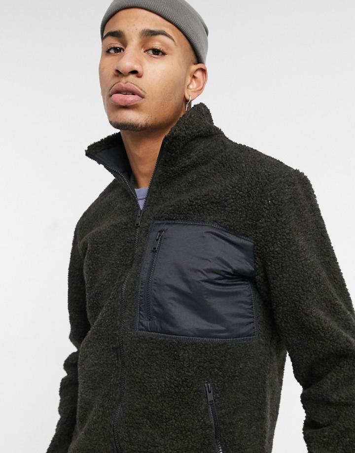 Selected Homme Fleece In Teddy With Zipper In Dark Green
