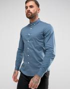 Asos Slim Shirt In Blue With Stretch And Button Down Collar - Blue