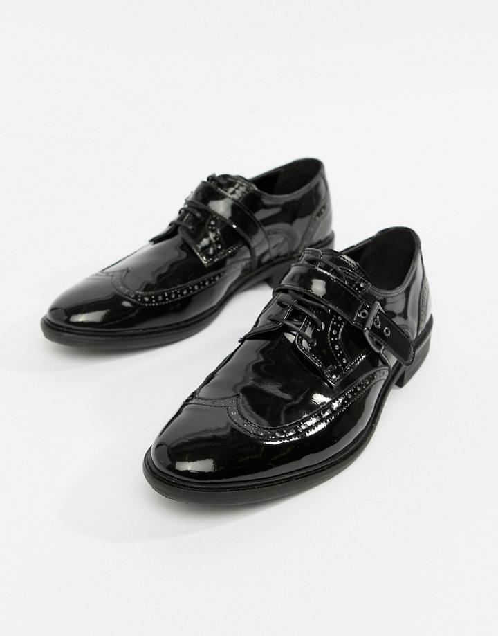 Asos Edition Brogue Shoes In Black Patent With Strap Detail - Black