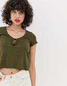 Vero Moda Scoop Neck Rib Top With Lettuce Edge-green