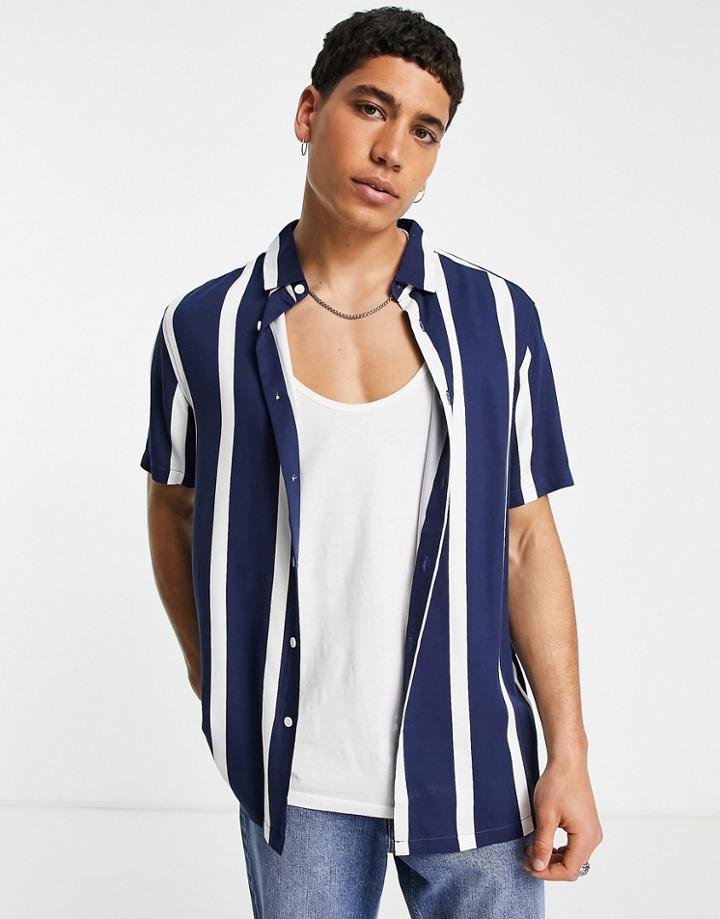 Bershka Striped Revere Collar Shirt In Blue