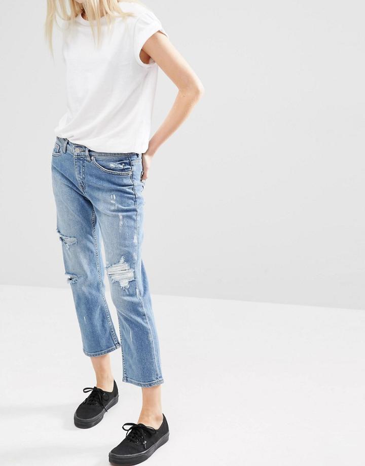 Cheap Monday Mid Rise Straight Cropped Jeans With Distressing - Editor Blue