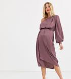 Asos Design Maternity One Shoulder Blouson Midi Dress In Washed Satin-orange