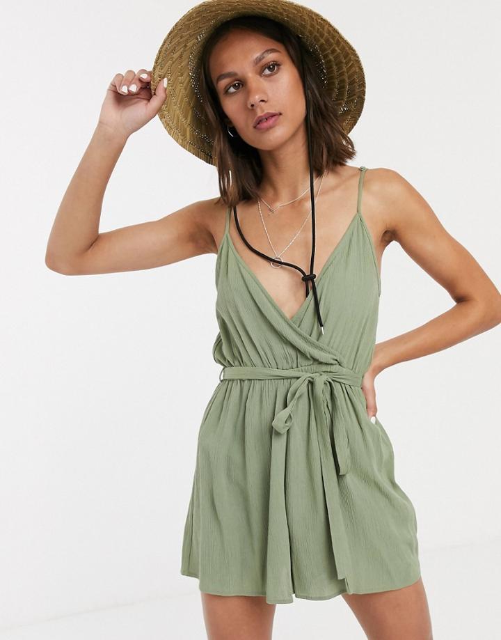 Asos Design Wrap Tie Front Strappy Romper In Crinkle - Green