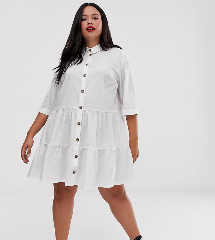 Asos Design Curve Button Through Tiered Mini Smock Dress-white