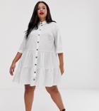 Asos Design Curve Button Through Tiered Mini Smock Dress-white