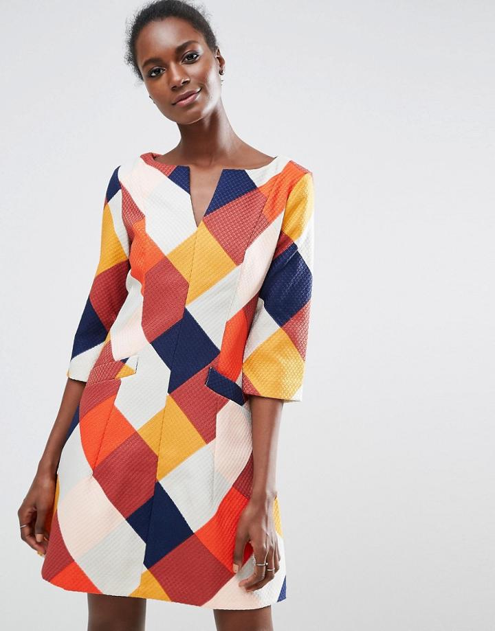 Traffic People Color Block 3/4 Sleeve Skater Dress - Red