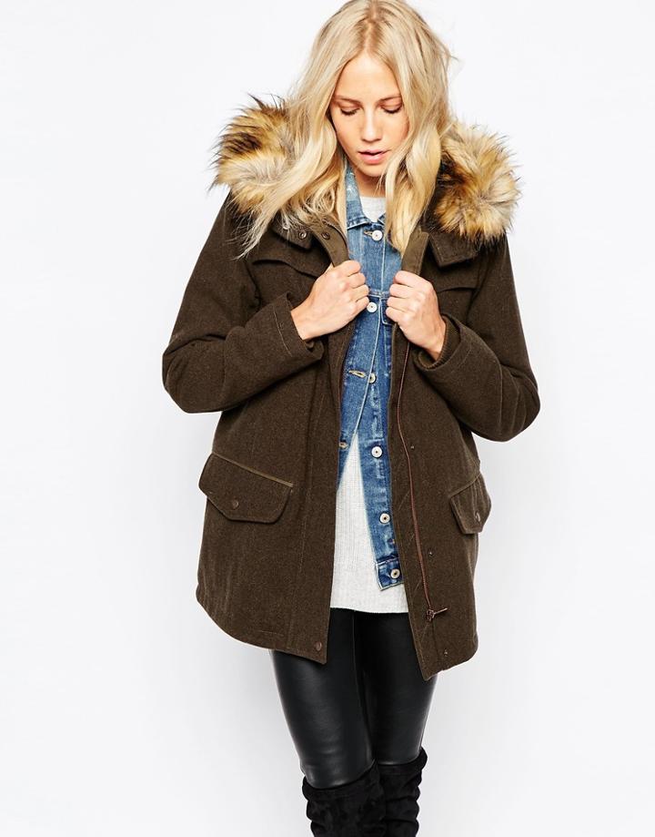 Parka London Marte Hooded Coat With Faux Fur Trim - Green