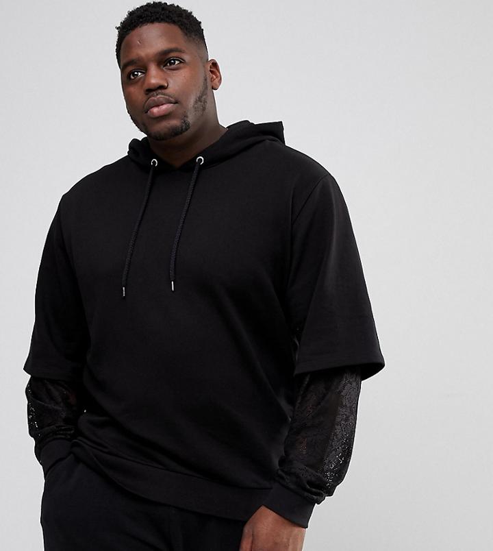 Asos Plus Oversized Hoodie With Double Layer Lace Sleeve - Black