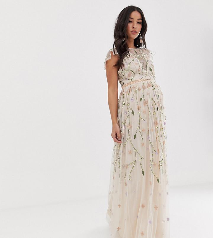 Asos Design Maternity Pretty Embroidered Floral And Sequin Mesh Maxi Dress-multi