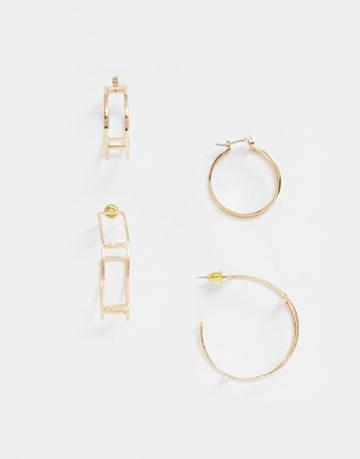 Asos Design Pack Of 2 Hoop Earrings In Fine Cut Out Design In Gold Tone