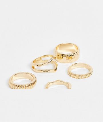 Asos Design Pack Of 5 Rings In Textured Designs In Gold Tone
