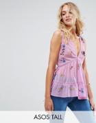 Asos Tall Sleeveless Embroidered Tank With Lace Up Back - Purple