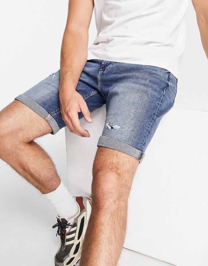 River Island Skinny Denim Ripped Shorts In Dark Blue