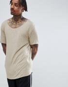 Asos Design Relaxed Longline T-shirt With Scoop Neck And Curved Hem In Drapey Interest Fabric In Beige - Beige