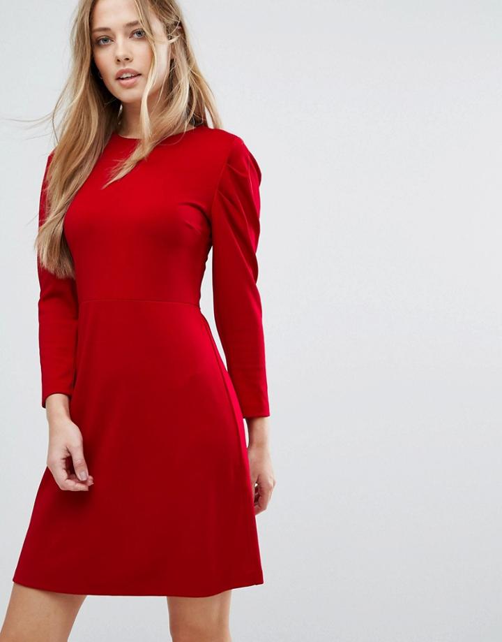 Warehouse Puff Sleeve Skater Dress - Red