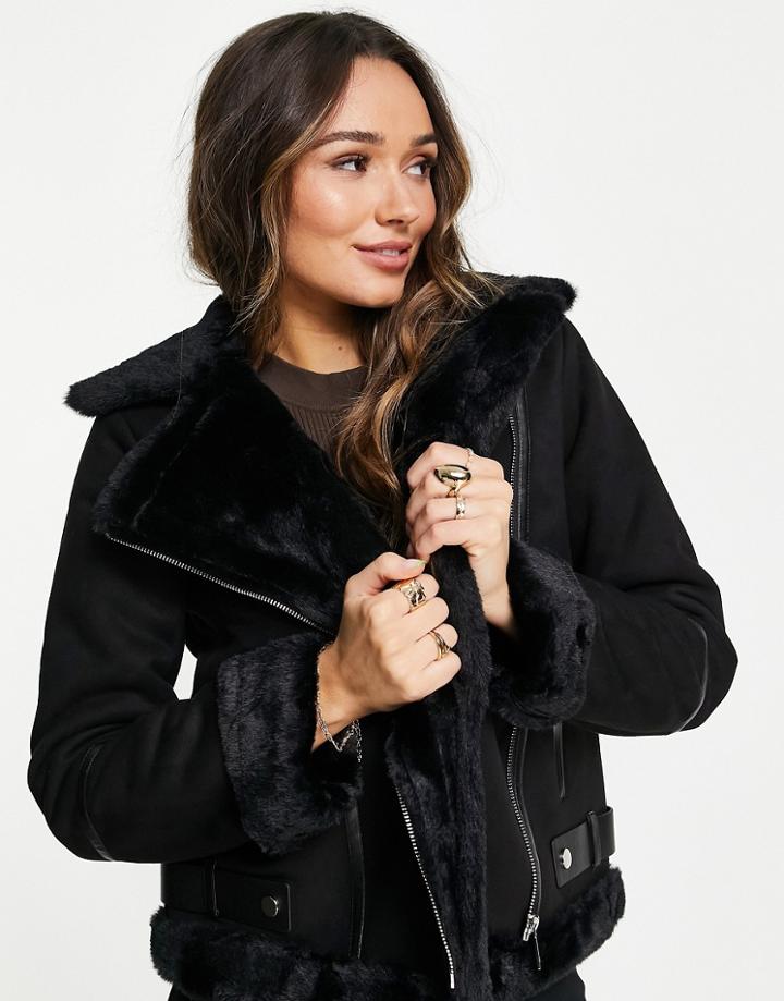 Fashion Union Faux Shearling Biker Jacket-black
