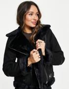 Fashion Union Faux Shearling Biker Jacket-black