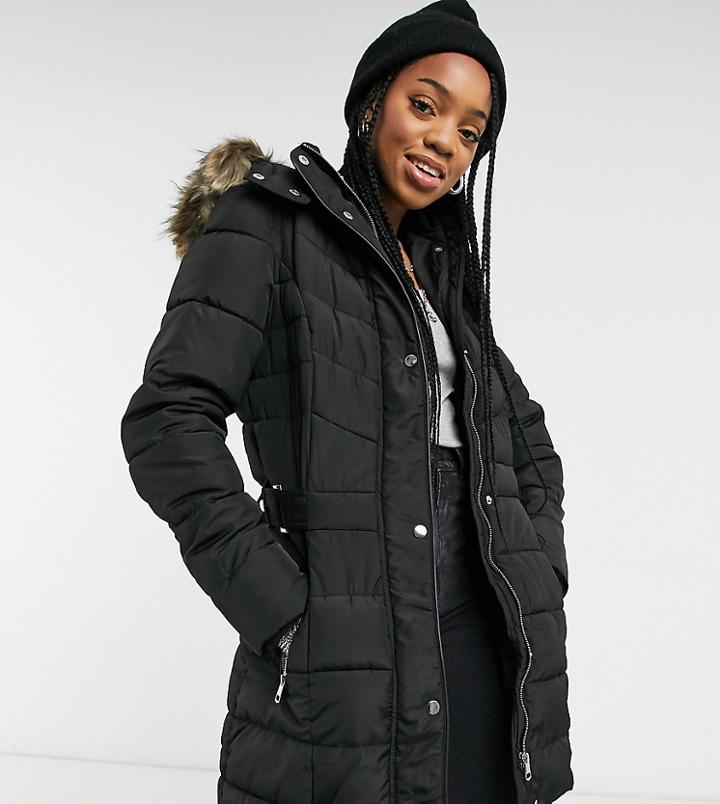 New Look Tall Longline Belted Puffer In Black
