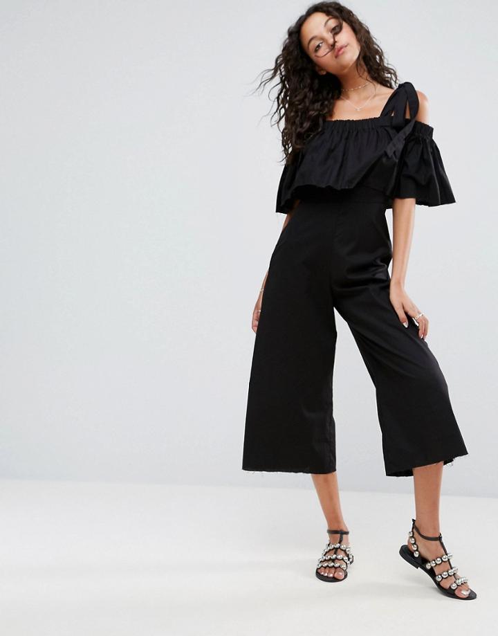 Asos Jumpsuit In Cotton With Tie Shoulder Detail - Black