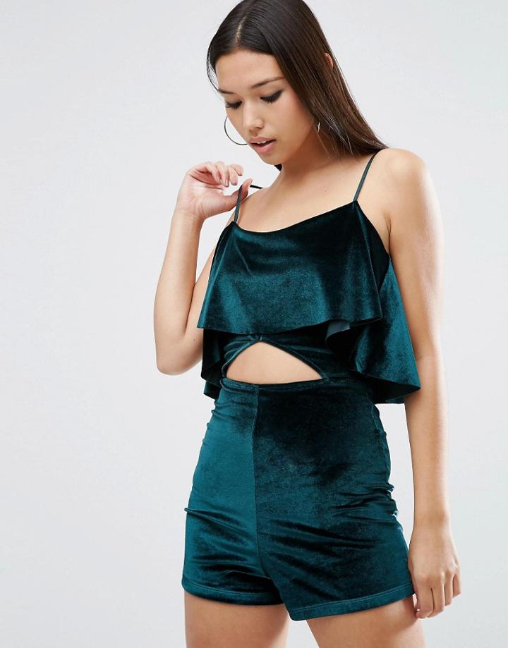 Asos Velvet Cut Out Romper - Green