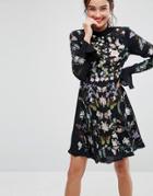 Asos Embroidered Fluted Sleeve Skater Mini Dress - Purple