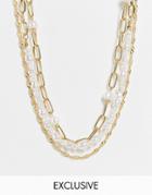 Reclaimed Vintage Inspired Mixed Chain Multirow Necklace In Gold And Faux Pearl