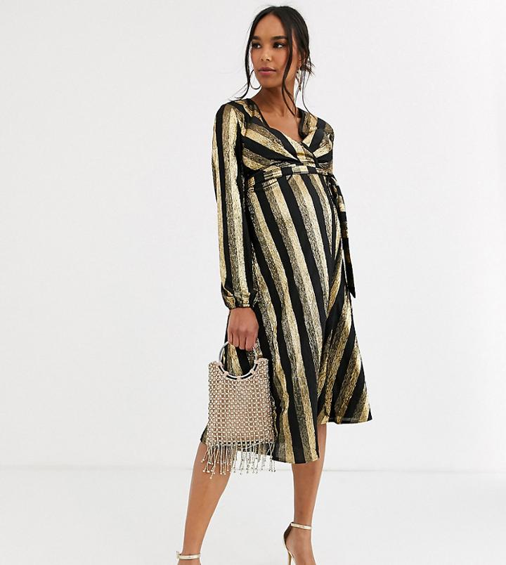 Flounce London Maternity Wrap Midi Dress In Gold And Black Stripe-multi