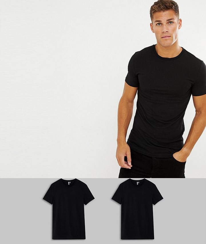 Asos Design 2 Pack Organic Muscle Fit Crew Neck T-shirt In Black Save
