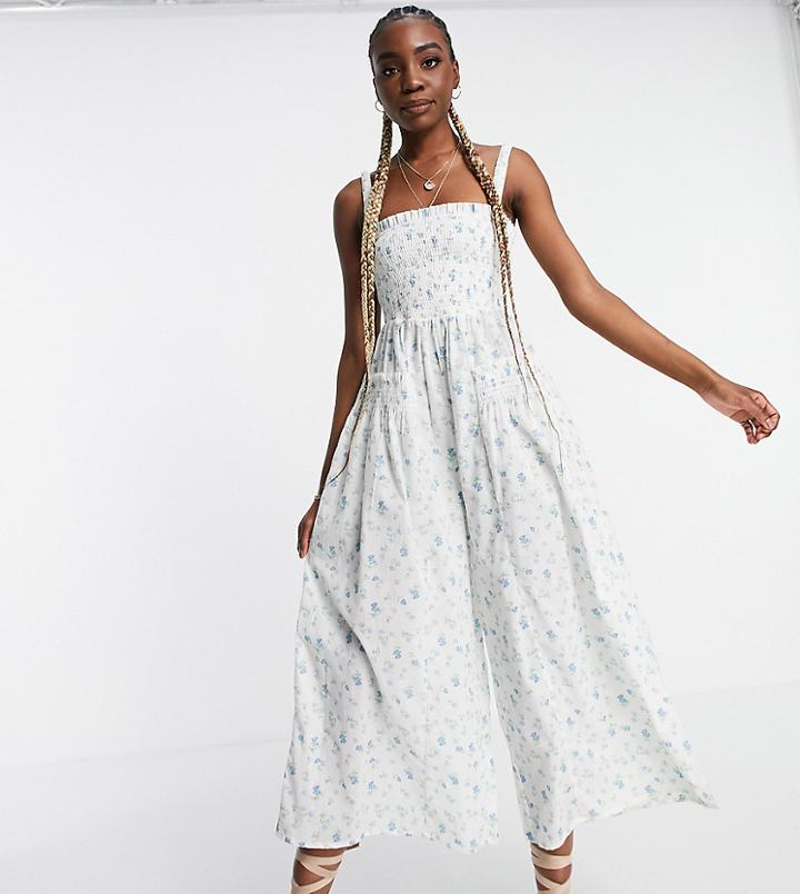 Asos Design Tall Shirred Elastic Back Jumpsuit In Meadow Floral-multi