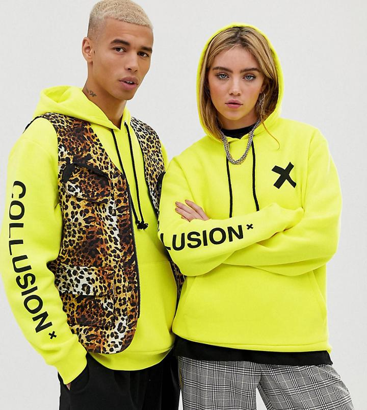 Collusion Unisex Logo Hoodie In Neon-yellow