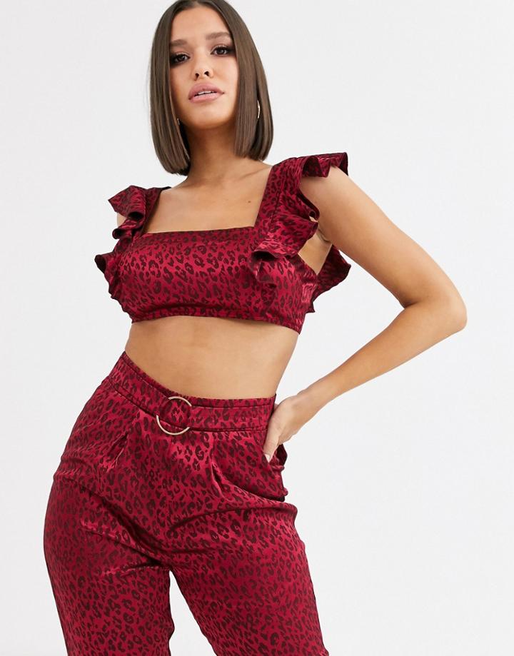 Saint Genies Jacquard Tie Back Ruffle Crop Top Two-piece In Wine-red