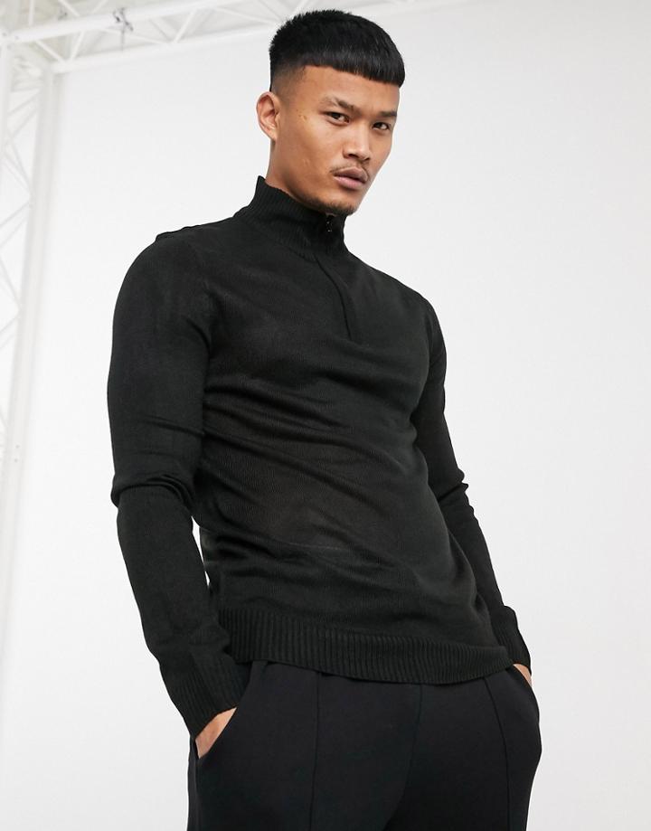 Sou Star Half Zip Funnel Neck Knitted Sweater In Black