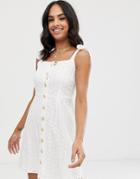 Vila Button Through Broderie Cami Mini Dress - White