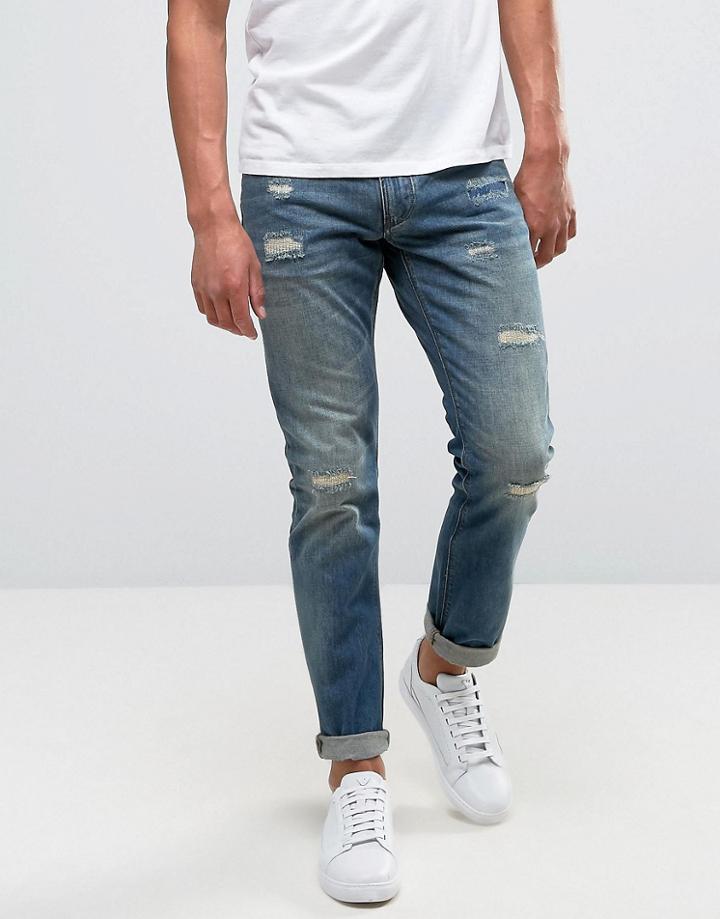 Armani Jeans Slim Fit Jeans Distress Repair Light Wash - Blue
