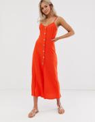 Asos Design Maxi Slubby Cami Swing Dress With Faux Wood Buttons - Red
