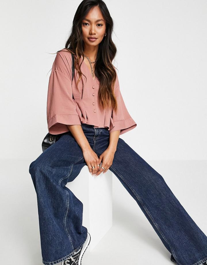 Asos Design Button Through Tea Blouse In Rose-pink
